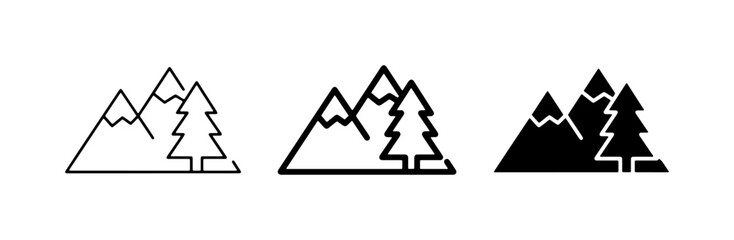 Mountain and Tree Icons: Minimalist Vector Graphics for Nature and Outdoor Themes, Set of Three Styles © Sumi