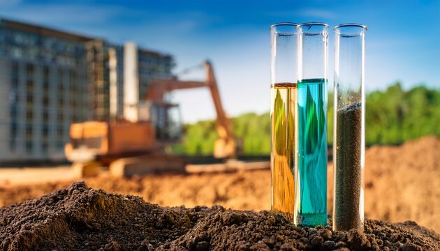soil analysis at a laboratory with test tube and construction site in background during a sunny day