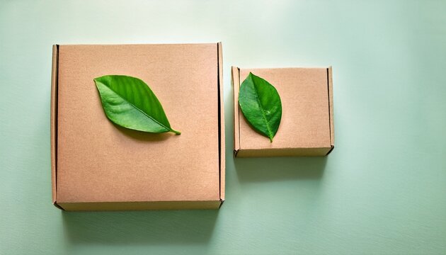 kraft boxes from recyclable organic materials with green leaf eco friendly packaging zero waste and plastic free concept