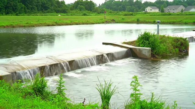 Serene Suburban Retention Pond with Gentle Waterfall and Lush Green Surroundings During Light Drizzle