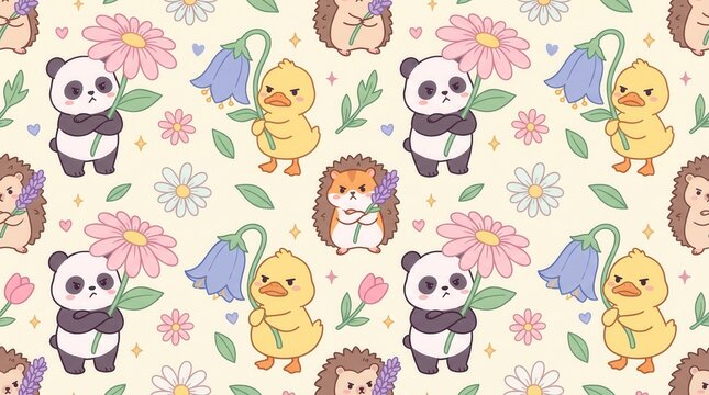 Seamless pattern features grumpy pandas, ducklings, and hedgehogs holding colorful flowers