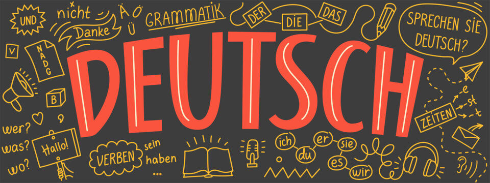 Deutsch. German language grammar hand drawn doodle and lettering horizontal banner. Education, learning foreign languages and school concept.
