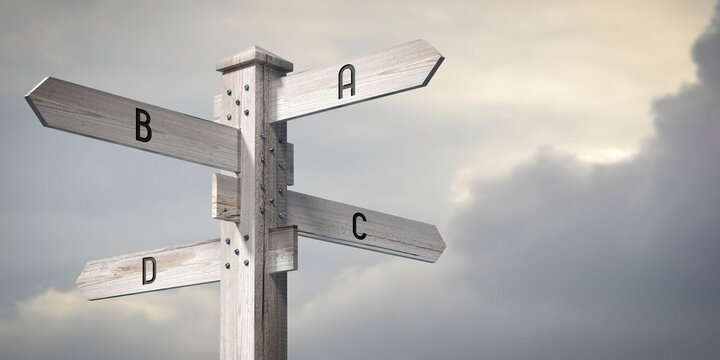 A, B, C, D - wooden signpost with four arrows - 3D rendering