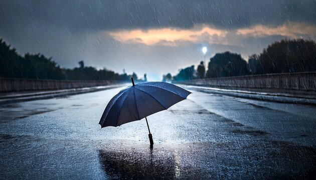 lonely opened umbrella abandoned during heavy rain showing cold cloudy weather climate change and rainy season forecast concept