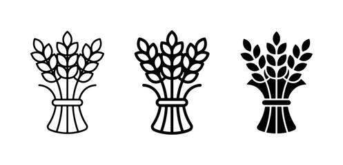 Wheat stalk icons set, cereal grain bundle symbols, black line art wheat ears, agricultural harvest vector elements © Rokeya