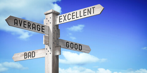 Fototapeta premium Excellent, Average, Good, Bad - wooden signpost with four arrows - 3D rendering