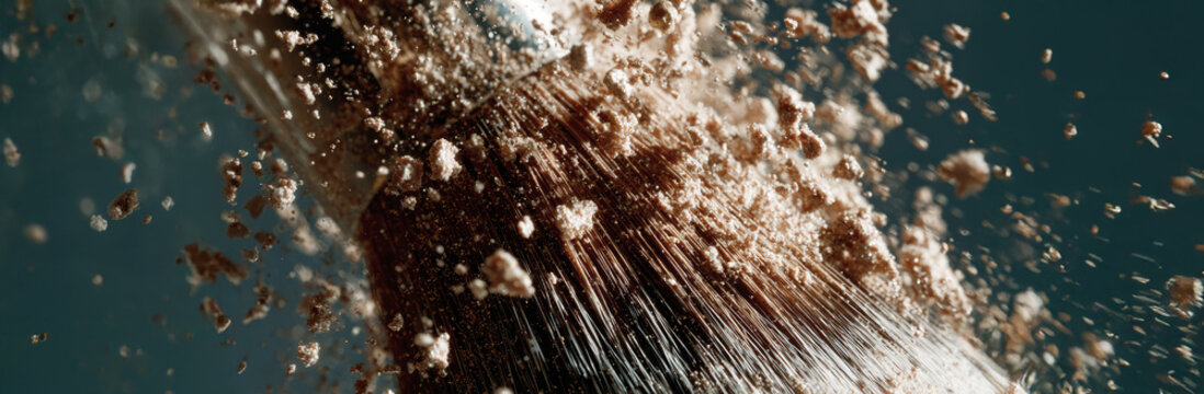 Banner with Macro close-up of cosmetic brush bristles with powder particles. Concept for makeup artists and cosmetic brands. Powder explosion effect.