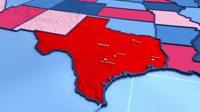 Looped 3D election map animation of the United States zooming into Texas state, featuring red, blue, purple and green political outcome variations. 
