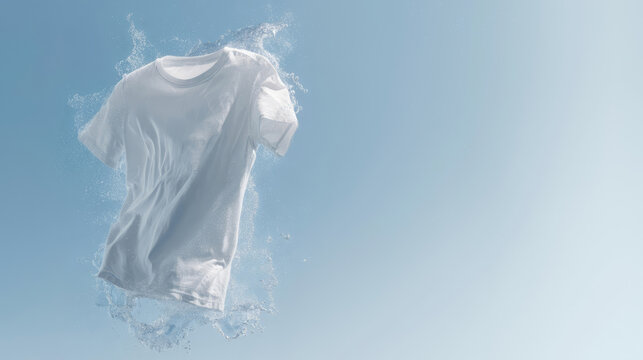 White cotton t-shirt floating on blue background with splashes of clean water flying in different directions with bright light. Concept of bleaching, washing, advertising detergent and cleaning agent