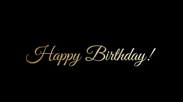 Elegant animation of the text Happy Birthday! written with a script font in gold gradient with alpha-channel. 