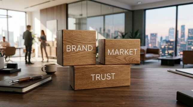 Wooden blocks display brand market trust in office setting