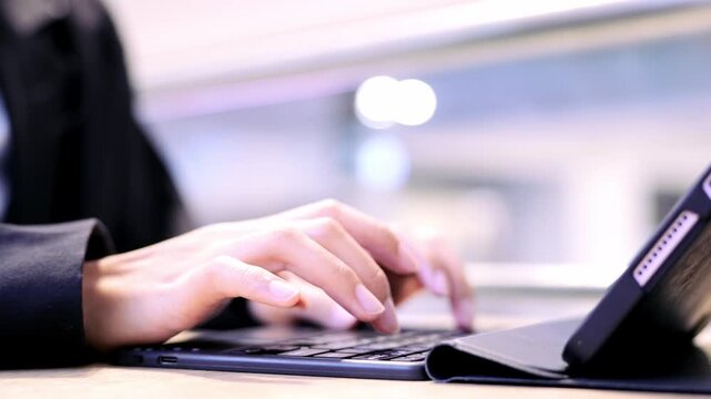 Typing keyboard hands technology digital tablet business office communication work person human device electronic modern professional input data connection internet screen portable gadget workspace