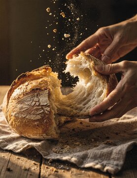 Hands breaking crusty artisan bread with crumbs on rustic table