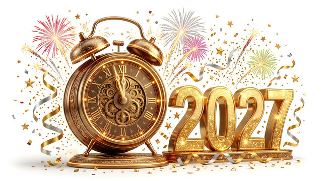 Vintage style alarm clock counts down the final moments before the year 2027 begins.