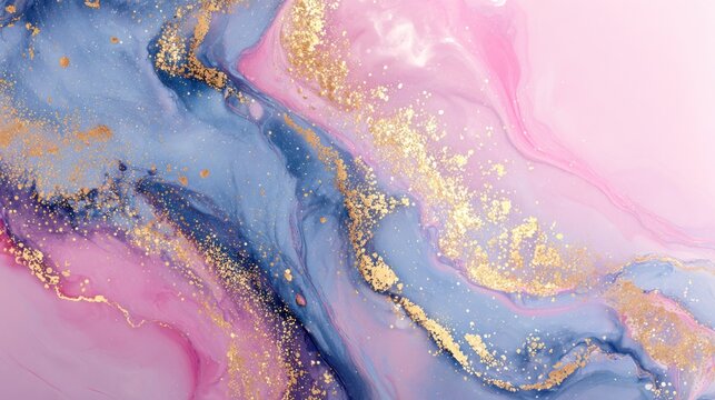 Abstract fluid art with pink blue and gold glitter swirls