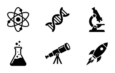 Obraz premium Science Icons Set: Atom, DNA, Microscope, Flask, Telescope, Rocket, Research, Discovery, Innovation, Technology