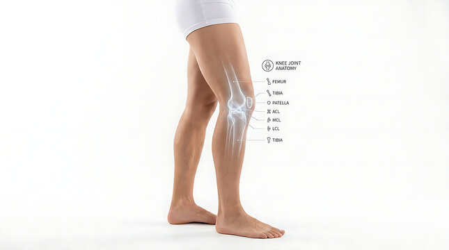 Human leg anatomy showing knee joint structure with medical labels on a clean white background