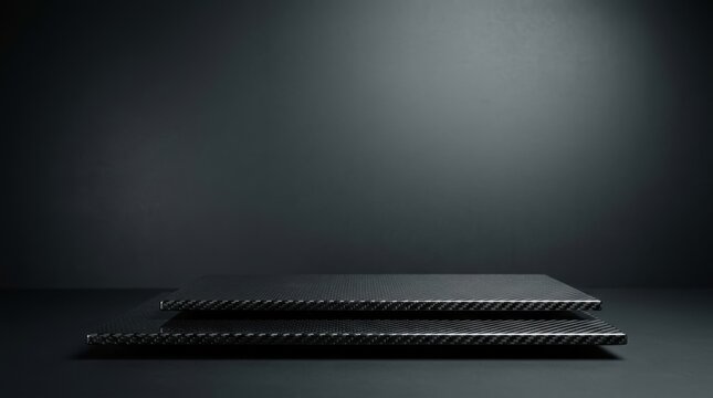 Two sheets of carbon fiber material stacked on top of each other on a dark surface with dramatic lighting and dark background
