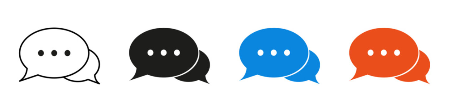 Chat bubble icon set. Speech bubbles, messaging, conversation, and communication symbols representing live chat, customer support, online messaging, social media, and comments.