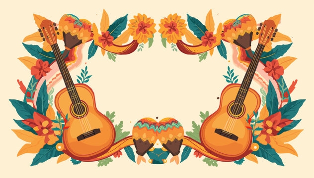 Vibrant Mexican fiesta frame with acoustic guitars, maracas, and colorful floral decorations on a light background, perfect for cultural celebrations.