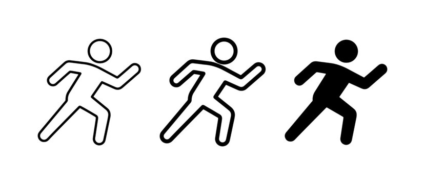 Running man icon set, black stick figure runner symbols, 3 vector athlete silhouettes for sports and fitness apps