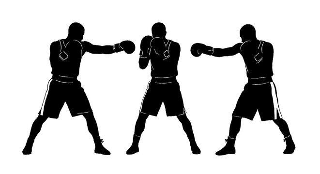 Three boxers in fighting stances silhouetted in black.