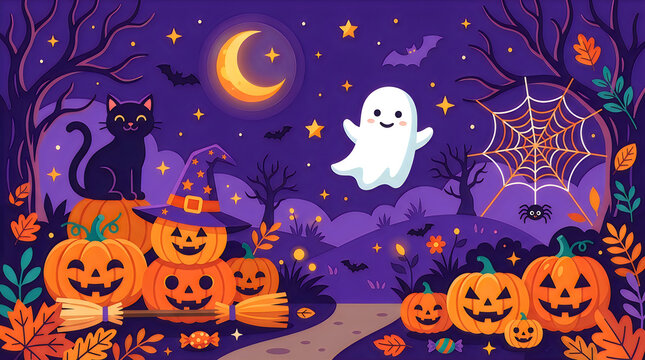 Halloween scene features a friendly ghost and black cat sitting among carved pumpkins under a crescent moon.
