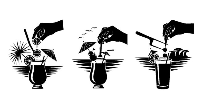 Hand pouring tropical cocktail into glass with straw and umbrella.