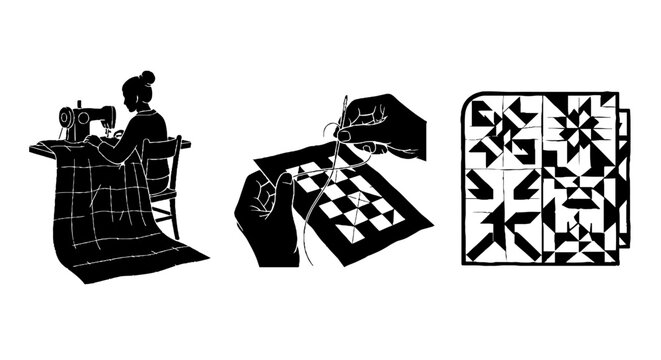 Traditional quilt making process with sewing machine and patterns.