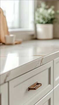 A of a kitchen cabinet door that has a broken hinge, revealing its wooden structure underneath. The countertop is made of marble, and there are plants nearby adding greenery to the scene.
