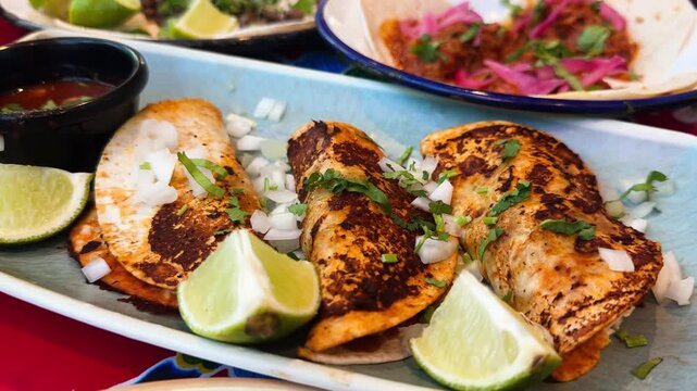 Close-up of traditional pulled pork tacos served on a plate with fresh lime wedges in a Mexican restaurant. Authentic street food. High quality 4k footage