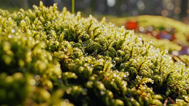 Macro moss glowing with morning dew in forest light, tiny green structures forming living ecosystem on woodland floor, symbol of environmental balance, natural healing and fragile biodiversity
