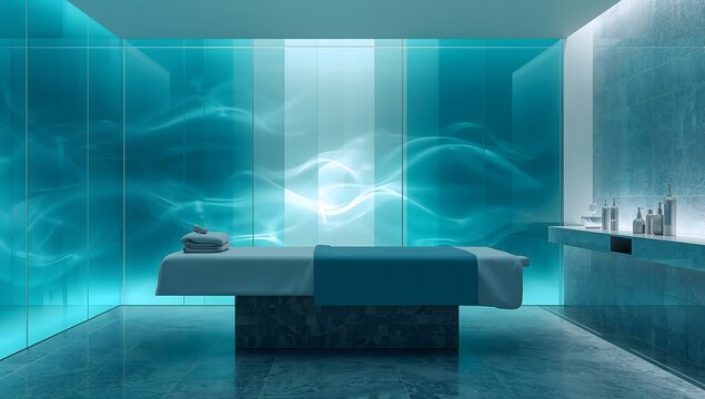 Modern futuristic spa treatment room interior with dark blue tones
