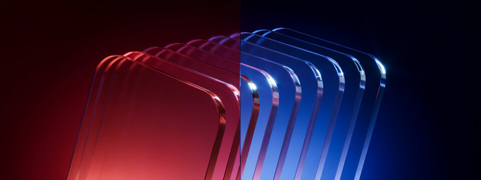 Arrangement of transparent rectangular glass objects illuminated by red and blue light with transparent rectangular alignment lighting refraction reflection abstract geometric structure