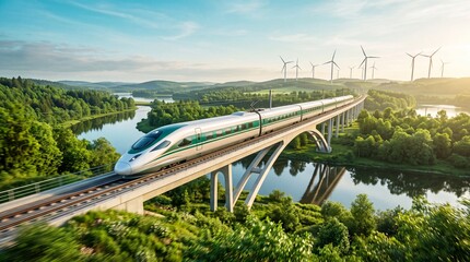 Fototapeta premium Modern fast train crossing a bridge over a river in a green valley with wind turbines at sunset.