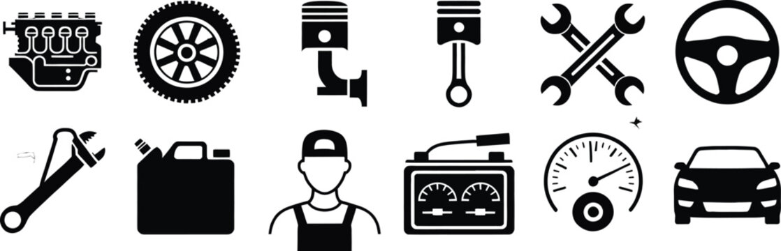 Automotive repair and mechanic icon set with car maintenance tools vector illustration