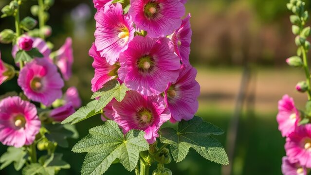 Vibrant pink hollyhock flowers blooming in a summer garden.