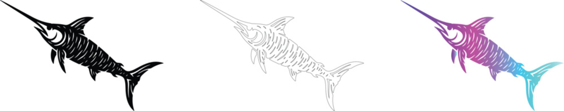 Swordfish silhouette icon with stylized sketch pattern isolated vector graphic