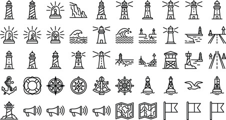 Mega Nautical Maritime and Coastal Navigation Line Icon Bundle Featuring Diverse Lighthouses Siren Lights Sea Buoys Anchors Compass Maps and Marine Warning Symbols Vector © MD SHAHAG ISLAM
