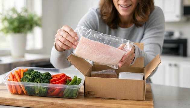 Smiling Woman Showing Packaged Corvina Fillet Meal Kit