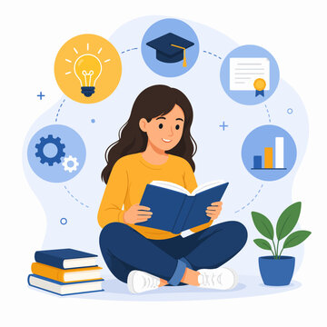 Young Woman Studying Books for Learning