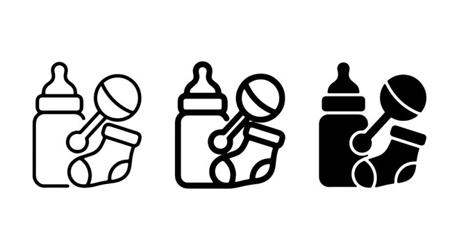 Baby Icons Set: Bottle, Rattle, Socks, Vector Graphics for Newborn Essentials and Childcare