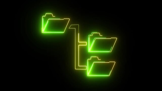 Neon yellow and green color Folder tree line icon on black background Computer network file folder organization structure flowchart. Glowing neon page file animation icon.