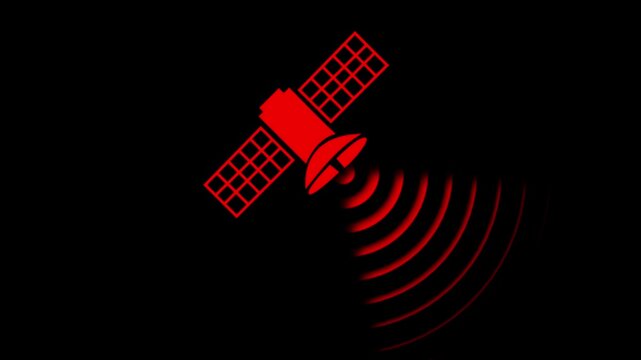 Abstract Satellite icon, communication satellite logo, space icon, telecoms on black background animated. glowing neon satellite dish animation icon signal internet network tower animated signs symbol