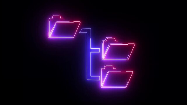 Neon folders connect in a hierarchical system directory. Information Technology Folder Hierarchy icon for Data Storage. Animated folder icon.