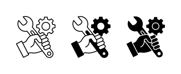 Obraz premium Hand Holding Wrench and Gear Icons, Mechanic Tools Set, Industrial Service Symbols