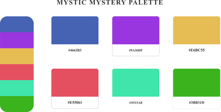 Mystic mystery palette displaying assorted color swatches with hex identification for professional graphic design usage.