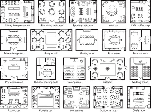A comprehensive collection of architectural floor plan layouts for various hospitality and event spaces, including restaurants, bars, meeting rooms, and banquet halls, depicted in a clean.