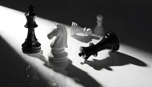 Close-up of Black and White Chess Pieces on Board in Strategic Play