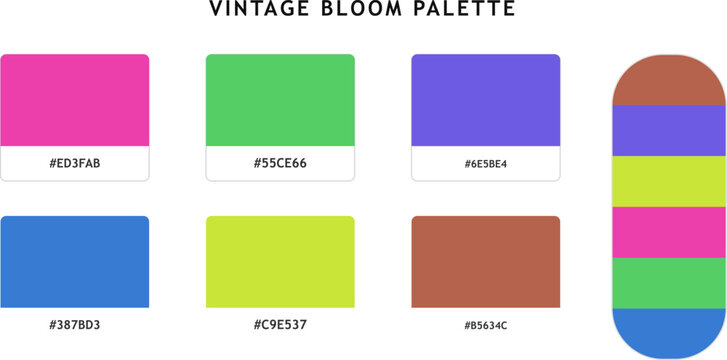 Vintage bloom palette presenting retro color swatches with hex codes for classic inspired graphic design and art work.